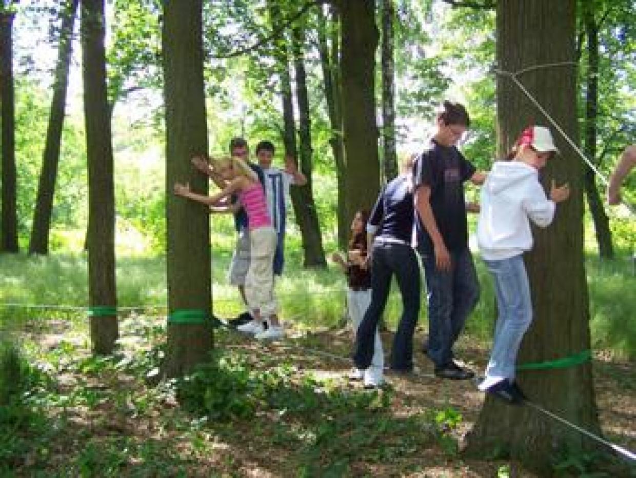 Jugendliche auf dem Niedrigseilgarten