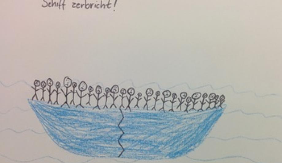 "Flüchtlinge auf Schiff, Schiff zerbricht" steht auf diesem Bild.