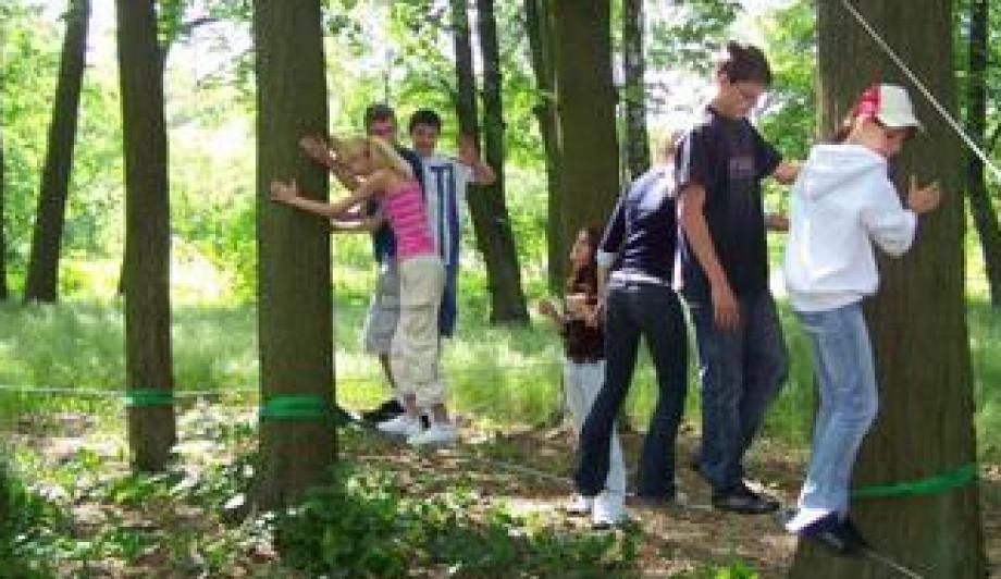 Jugendliche auf dem Niedrigseilgarten