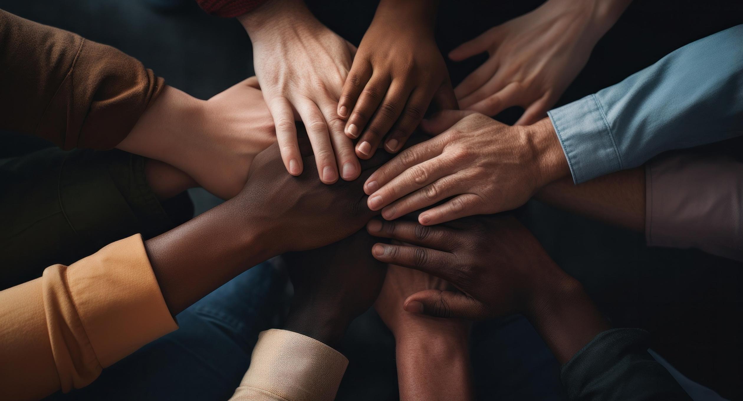 Viele verschiedene menschliche Hände halten zusammen als Symbol für Solidarität