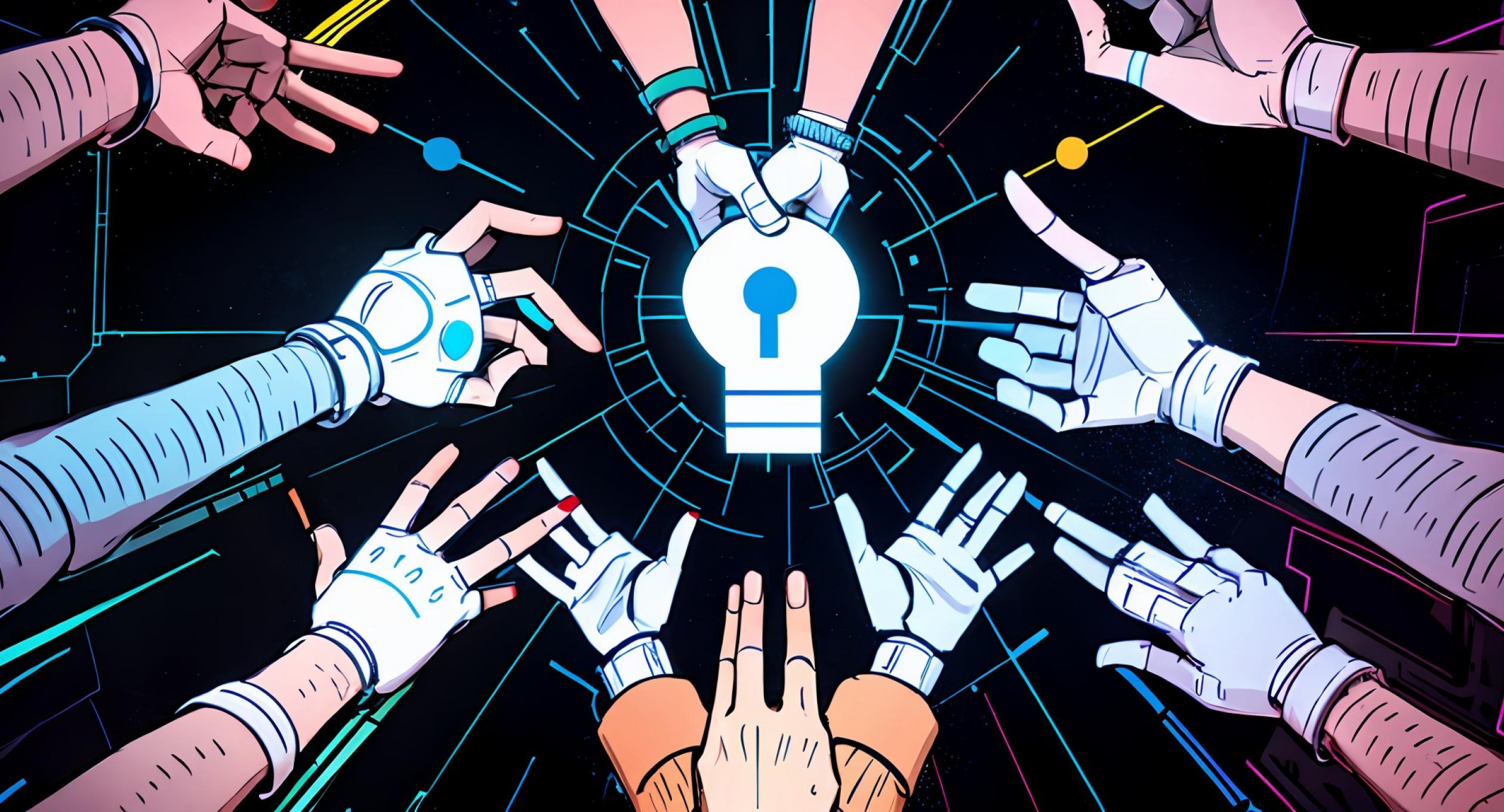 Die Macht der Daten Ein paar Hände hält ein digitales Schloss, mehrere Hände greifen in einer digtalen Umgebung ebenfalls danach