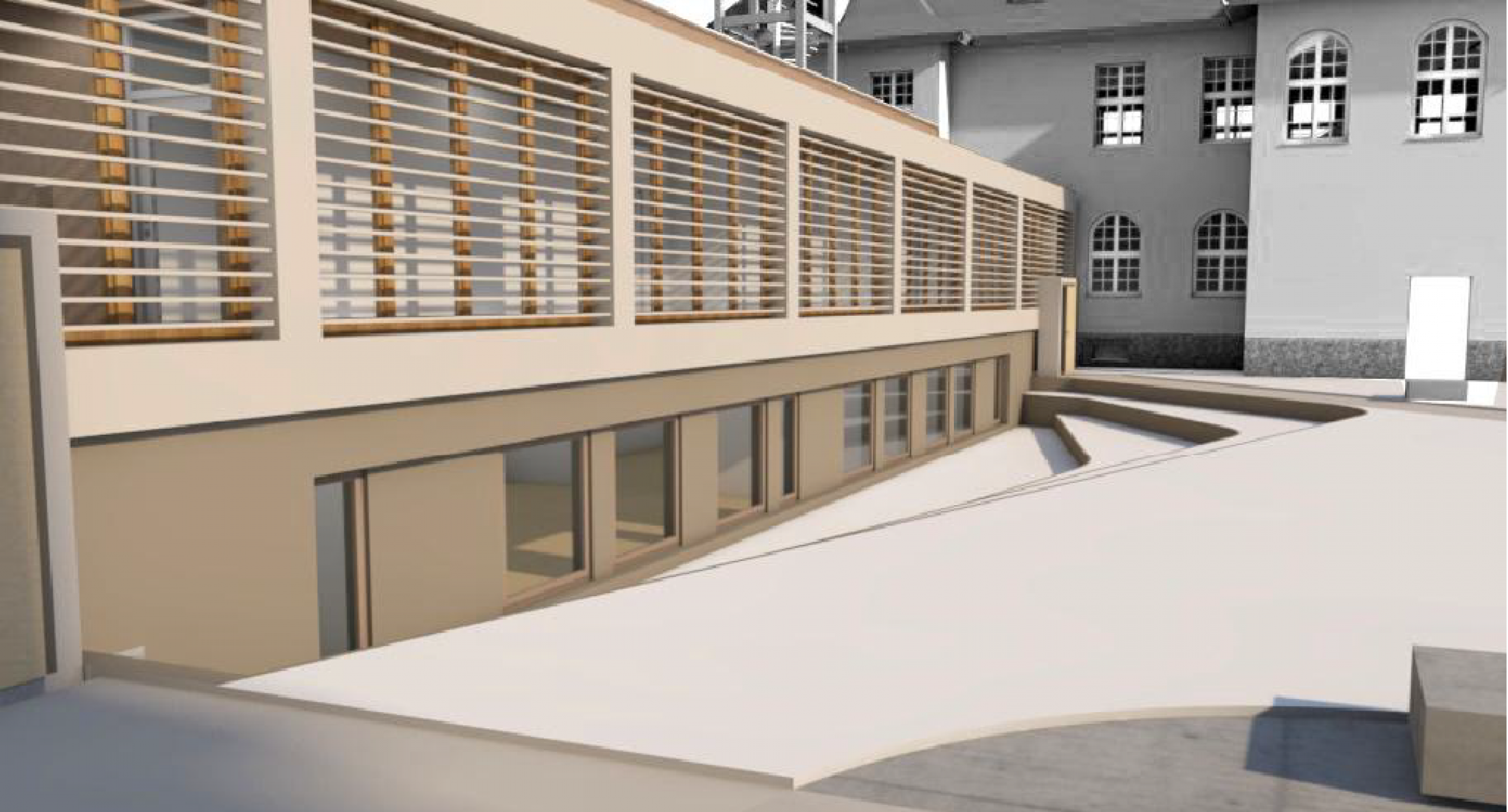 Hier im Entwurf der Neubau aus der Nähe betrachtet. Im Souterrain entstehen variable Seminarräume.