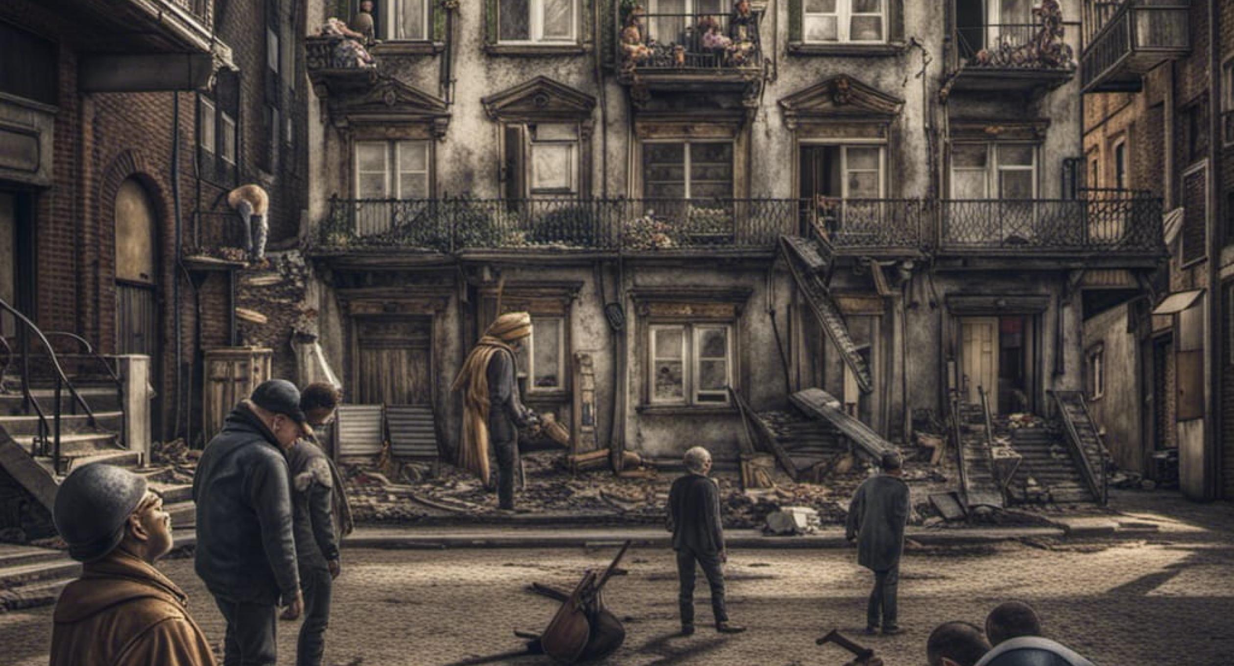 Wege aus der Ungleichheit Ein alter baufälliger Gebäudebereich mit zerstörtem Pflasterweg. Menschen sind traurig und verzweifelt.