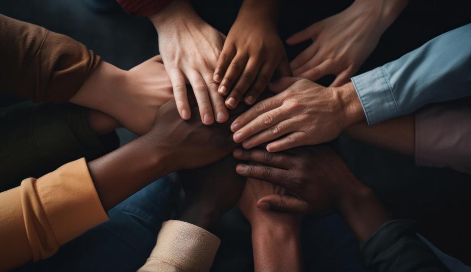 Viele verschiedene menschliche Hände halten zusammen als Symbol für Solidarität