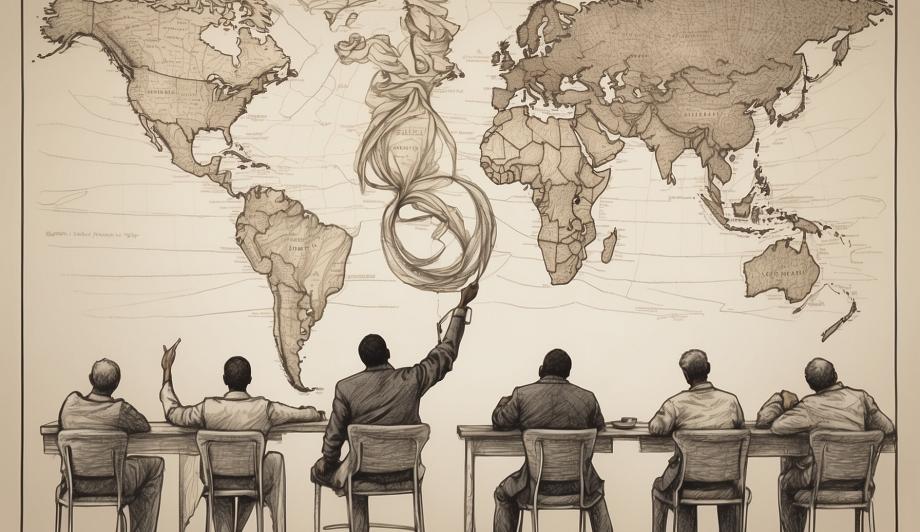 Bild: Viele Menschen sitzen vor einer Weltkarte