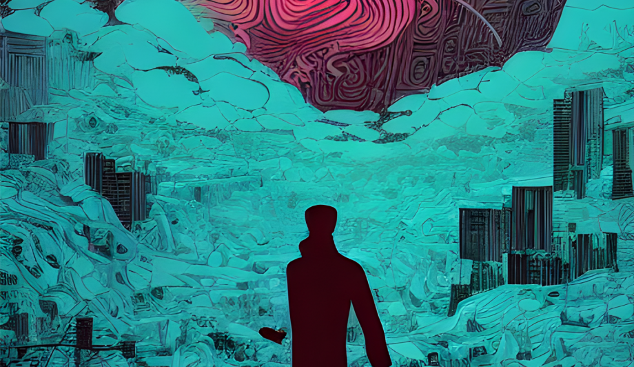 Wir rücken auseinander Eine Gestalt steht in einer dystopischen Stadt, während über dem Bild eine rote Sonne thront