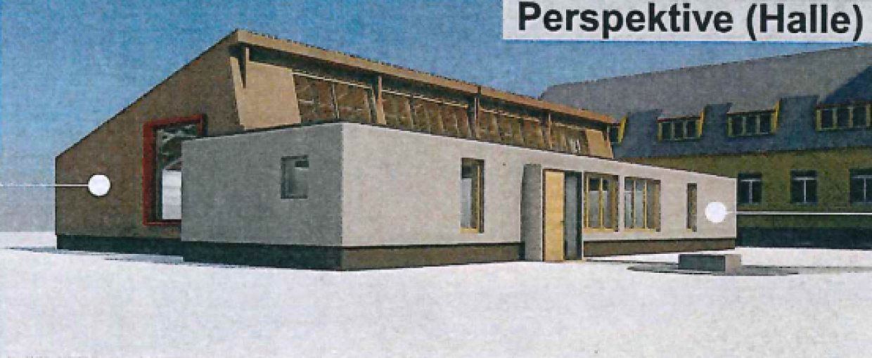 Entwurf des Hallenneubaus vom Innenhof aus gesehen Entwurf des Hallenneubaus vom Innenhof aus gesehen